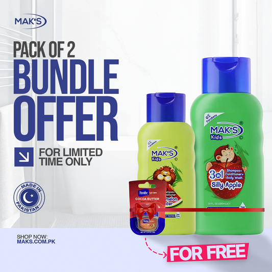 MAK’S Kids Watermelon 2-in-1 & Apple 3-in-1 Bundle 300ml ×2 + FREE Lip Balm (Cocoa Butter)