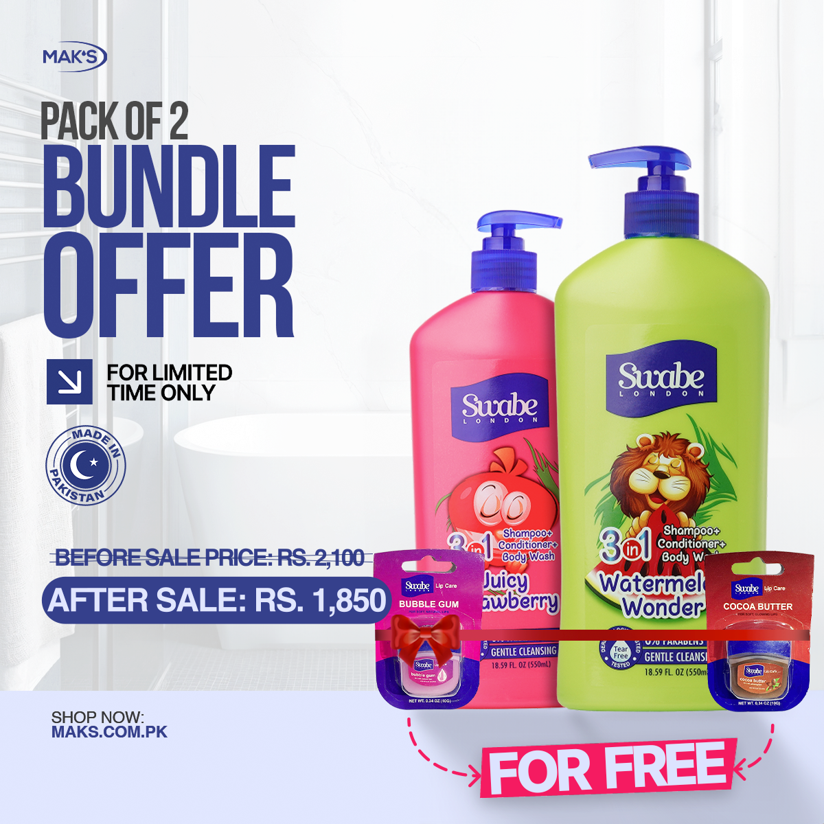 Swabe Kids by Mak’s Strawberry & Watermelon 3-in-1 Bundle 550ml ×2 + FREE Lip Balms (Bubble Gum & Cocoa Butter) ×2