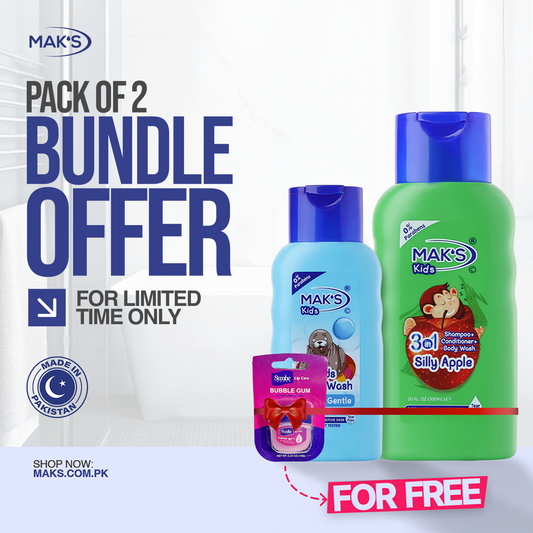 MAK’S Kids Apple 3-in-1 & Gentle Body Wash 300ml ×2 + FREE Lip Balm (Bubble Gum)