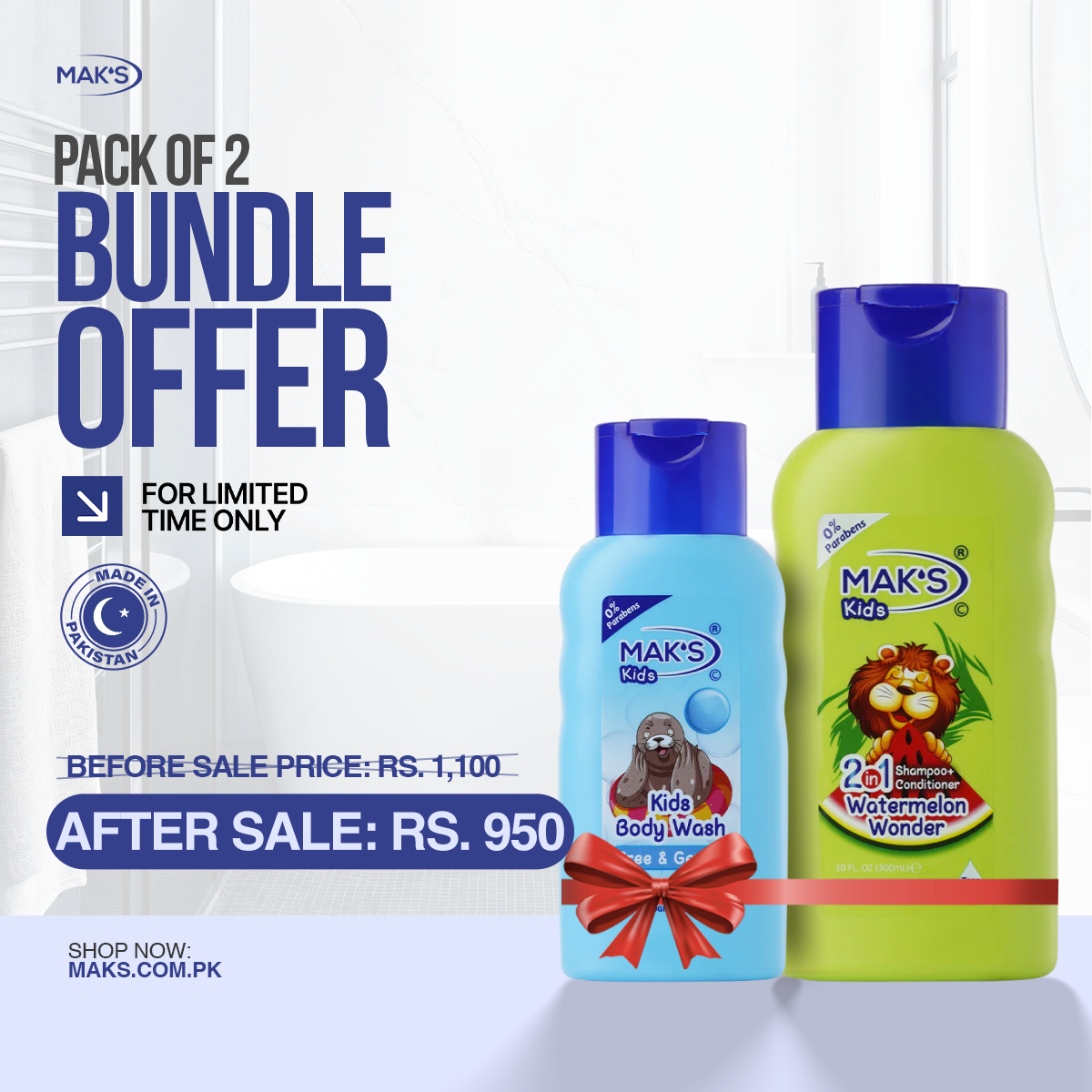 MAK’S Kids Watermelon 2-in-1 & Gentle Body Wash Bundle 300ml ×2