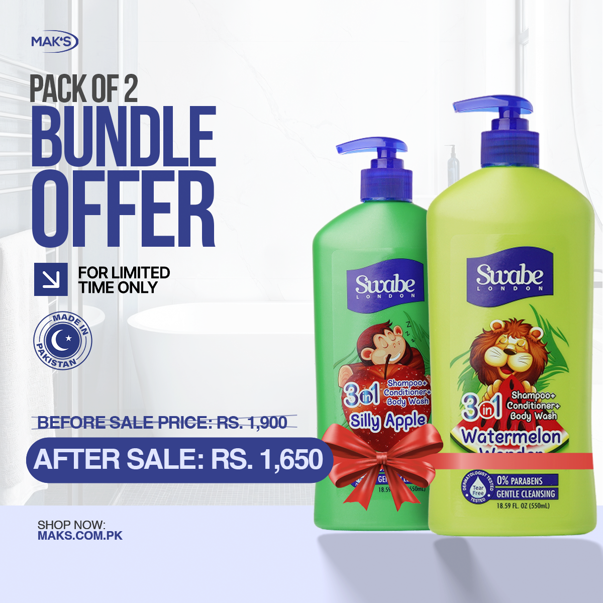 Swabe Kids by Mak’s Watermelon & Apple 3-in-1 Bundle 550ml ×2