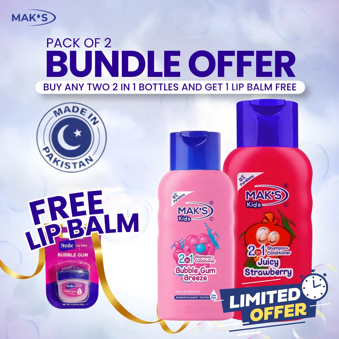 MAK’S Kids Bubble Gum & Strawberry 2-in-1 Shampoo 300ml ×2 + FREE Lip Balm (Bubble Gum)