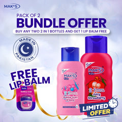 MAK’S Kids Bubble Gum & Strawberry 2-in-1 Shampoo 300ml ×2 + FREE Lip Balm (Bubble Gum)