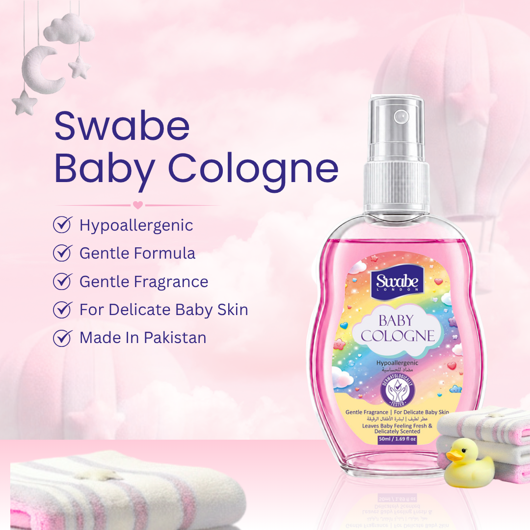 A bottle of Surde Baby Cologne with pink liquid, shown next to folded white and pink towels and a small yellow rubber duck on a soft pink background with text listing product benefits.