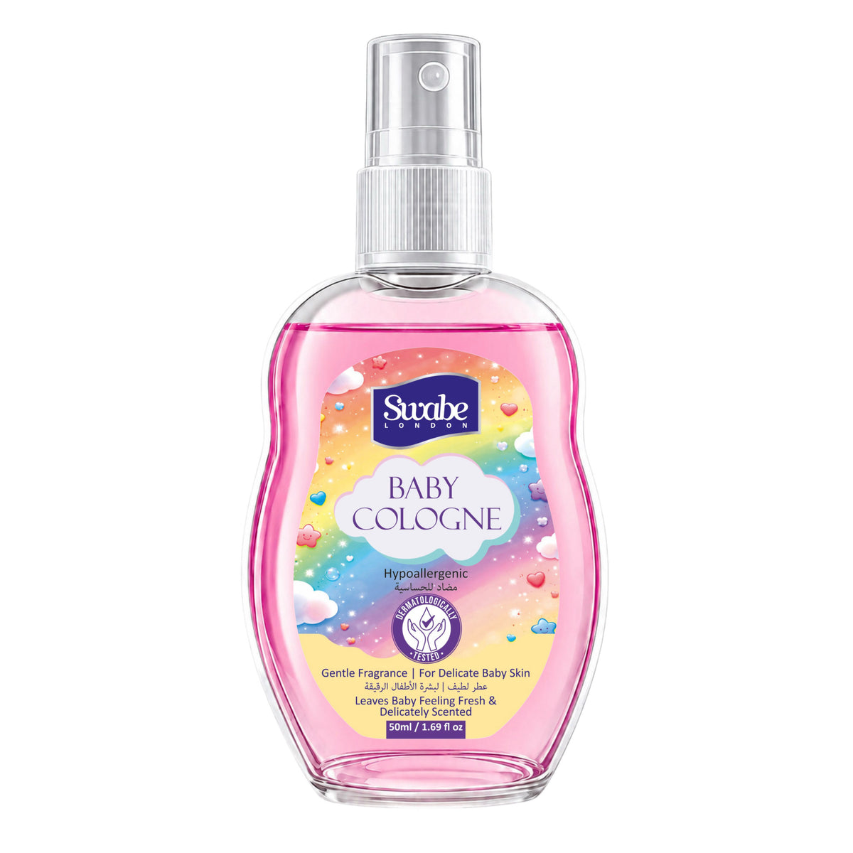 A 100ml bottle of Swabe London Baby Cologne Hypoallergenic Infant Spray, featuring a pink liquid inside a clear bottle with a white spray nozzle and a colorful pastel label.