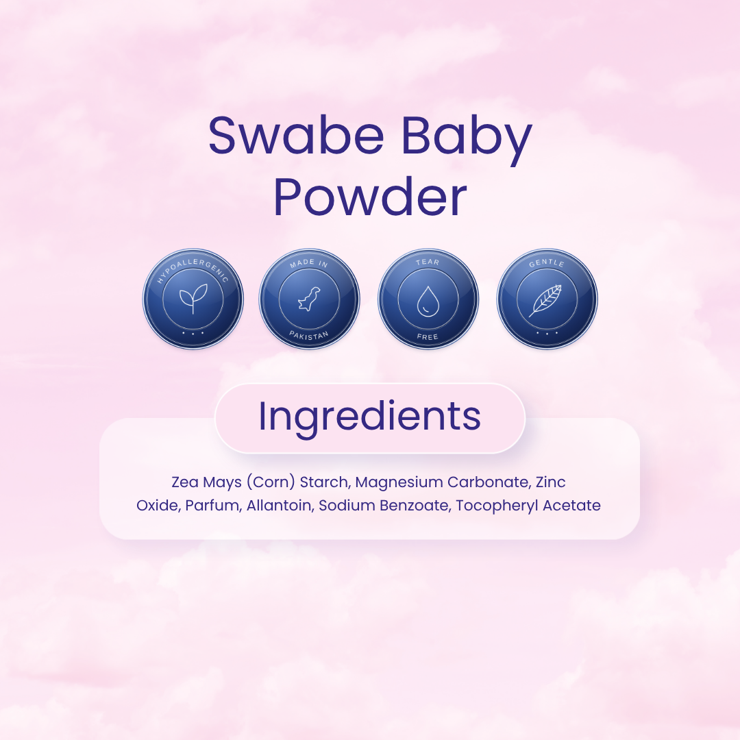 A pink promotional graphic for Swabe Baby Powder with a soft cloud-like background. The text reads 'Swabe Baby Powder' and 'Ingredients,' with four blue circular badges indicating qualities such as excellence, handmade, tear-free, and diaper-free.