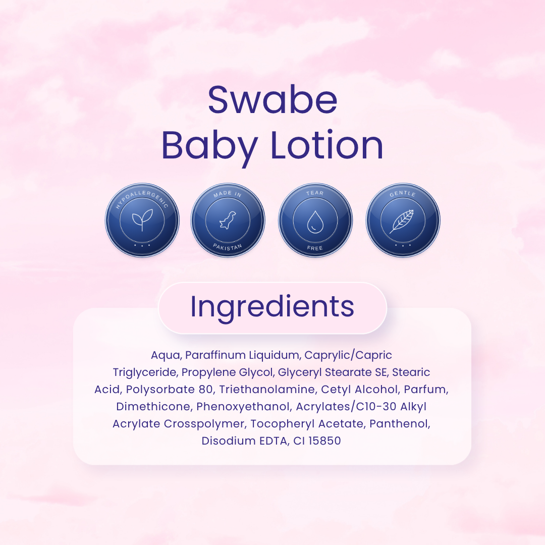 A promotional graphic for 'Swabe Baby Lotion' on a soft pink cloud background. The text reads 'Swabe Baby Lotion' with four blue circular badges indicating 'Pregnancy Friendly,' 'Made in Bangladesh,' ' Tear Free,' and 'Dander Free.
