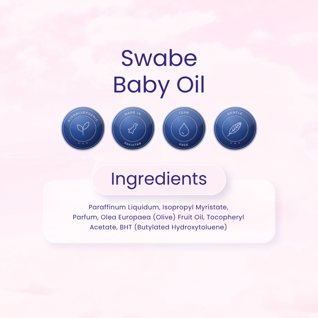 A digital graphic for baby oil ingredients and features, with the title 'Swabe Baby Oil' in dark blue text on a soft pink cloud background. Four blue circular badges indicate fragrance-free, safe, tear-free, and scent-free qualities.