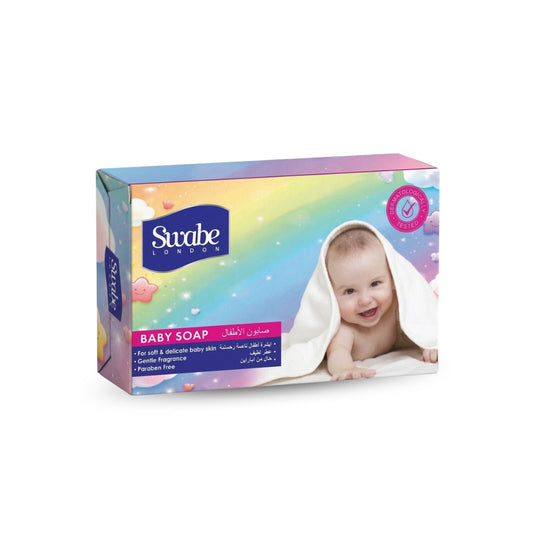 Swabe London Baby Soap box featuring a smiling baby wrapped in a white towel on a pastel rainbow background.