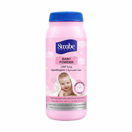 Swabe London 100g Hypoallergenic Baby Powder pink bottle front view with blue cap - MAKS Pakistan