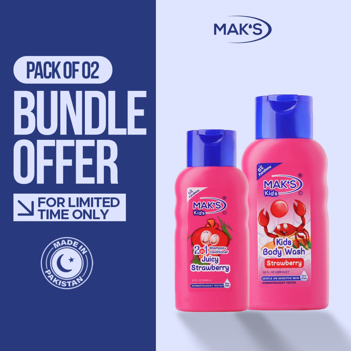 MAK’S Kids Strawberry 2-in-1 & Strawberry Body Wash Bundle 300ml ×2