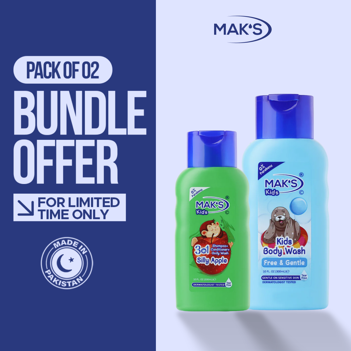 MAK’S Kids Apple 3-in-1 & Gentle Body Wash Bundle 300ml ×2