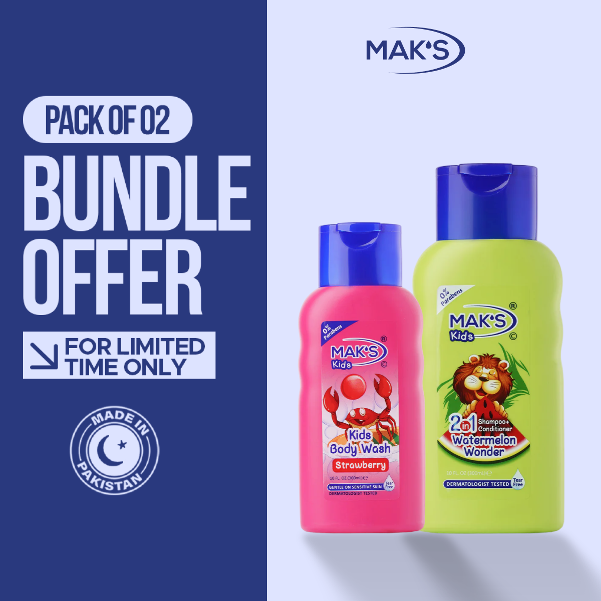 MAK’S Kids Watermelon 2-in-1 & Strawberry Body Wash Bundle 300ml ×2