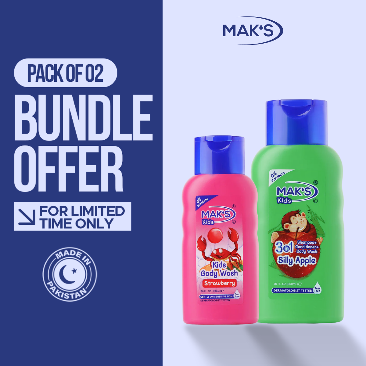 MAK’S Kids Apple 3-in-1 & Strawberry Body Wash Bundle 300ml ×2